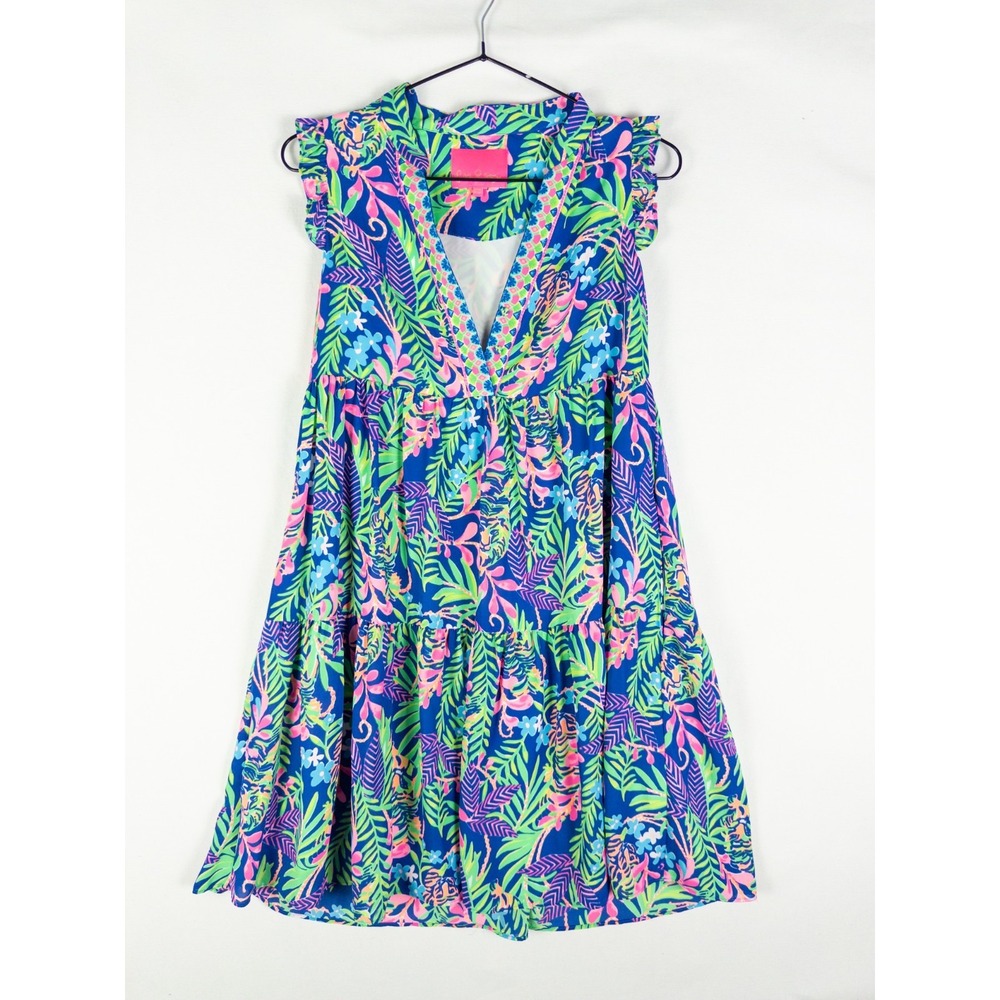 Lilly Pulitzer Tiered Dress XXS Blue Tiger Tropical Ruffle Sleeve Split Neck+